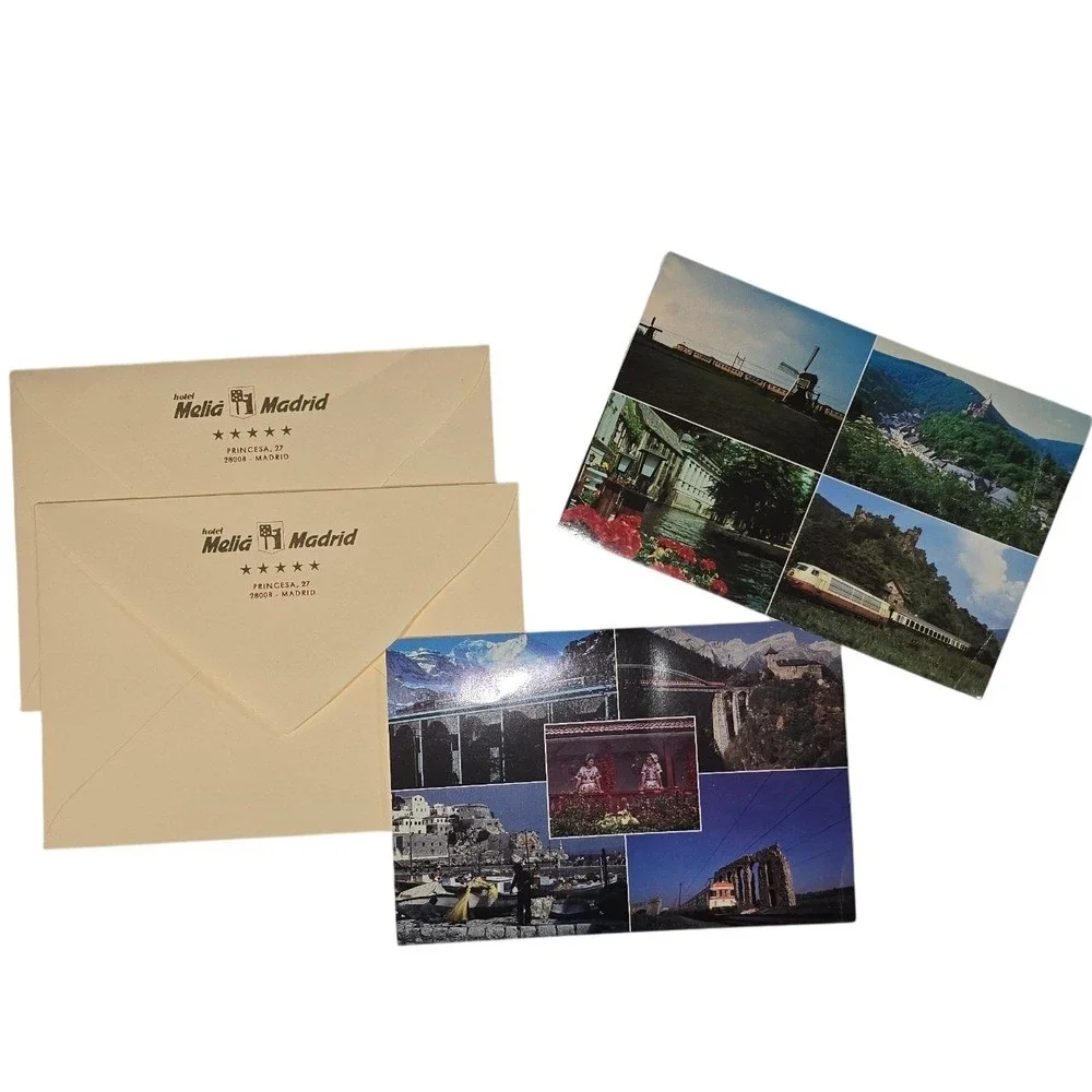 Vintage Melia Madrid Hotel & Europe Eurorailpass 4‎ Postcards 2 envelopes Set